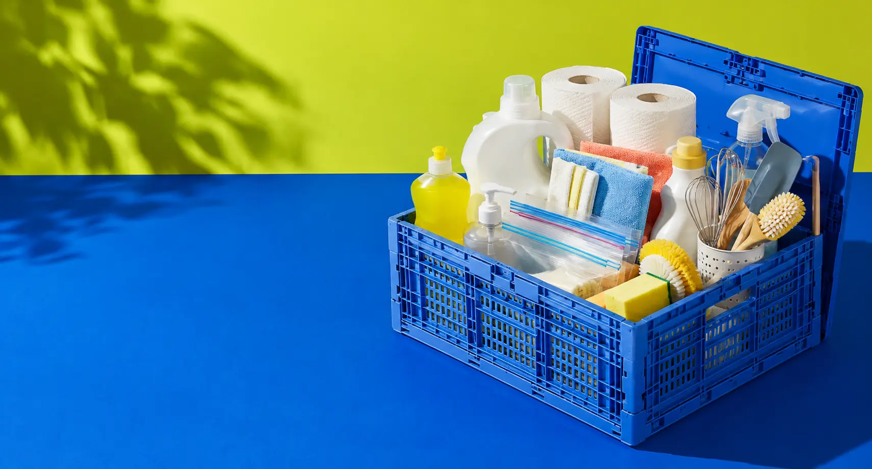 A delivery crate filled with household essentials